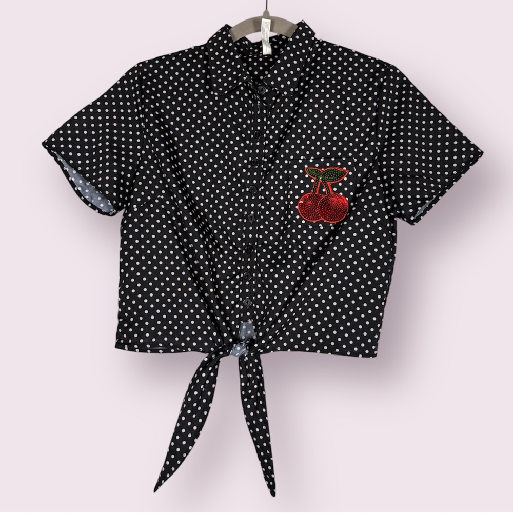 Costumes USA Retro Black and White Polka Dot Sequin Cherry Tie Crop Top